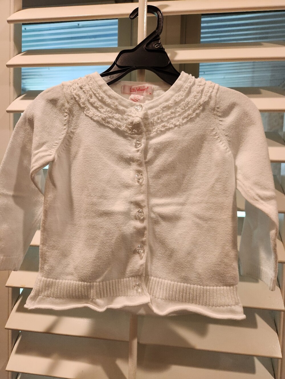 Lilly Wicket Girl's White Knit Cardigan with Ruffle Trim, Size 18-24M